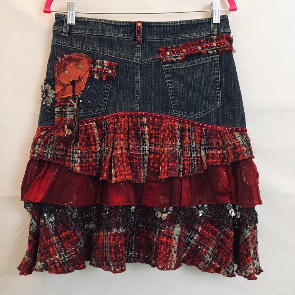 Denim And Plaid Print Layered Skirt